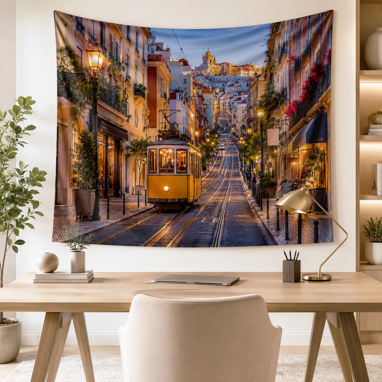 Vintage Tram Tapestry Wall Hanging European Street Landscape Large Fabric Wall Tapestries Boho Home Room Decor for Bedroom