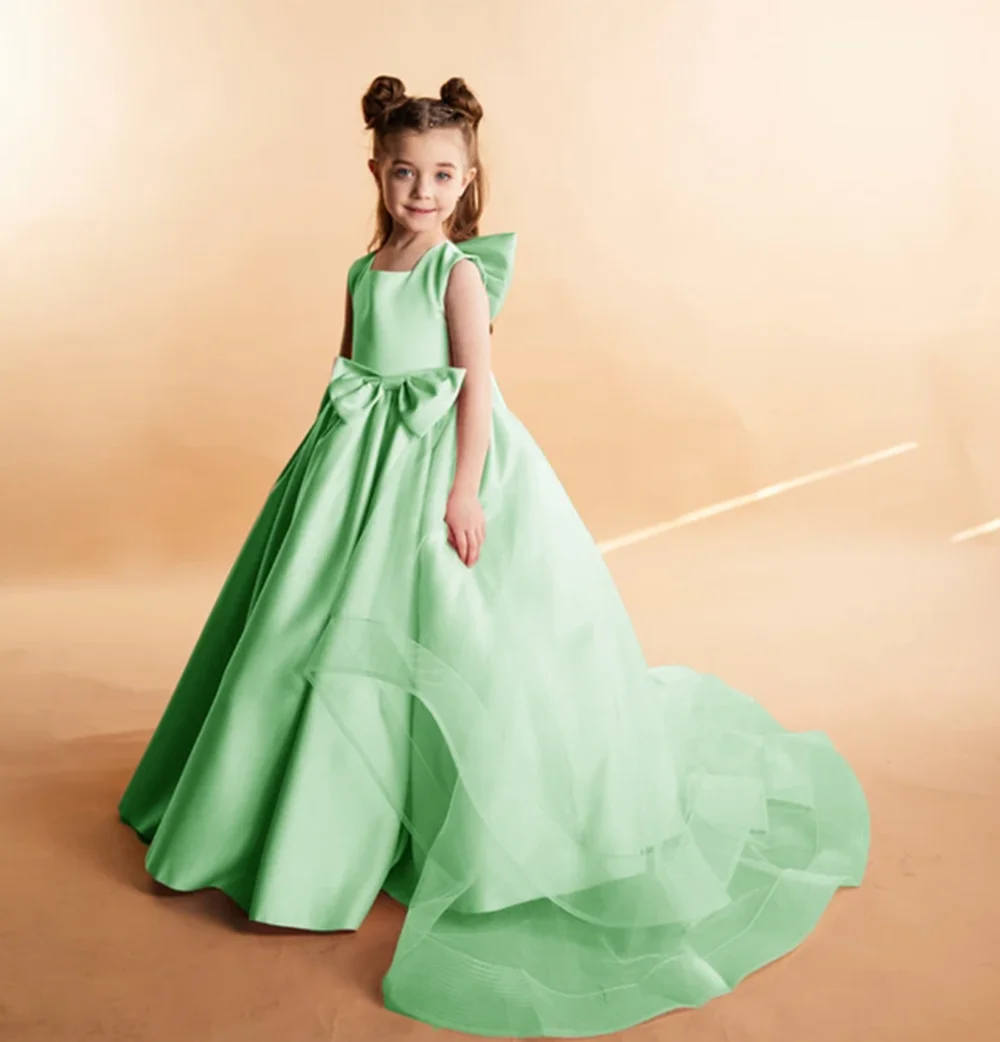Square Neck Sleeveless A Line Pleat A Line Flower Girl Dress Floor Length Sweep Train Long Ball First Communion Gown Customized
