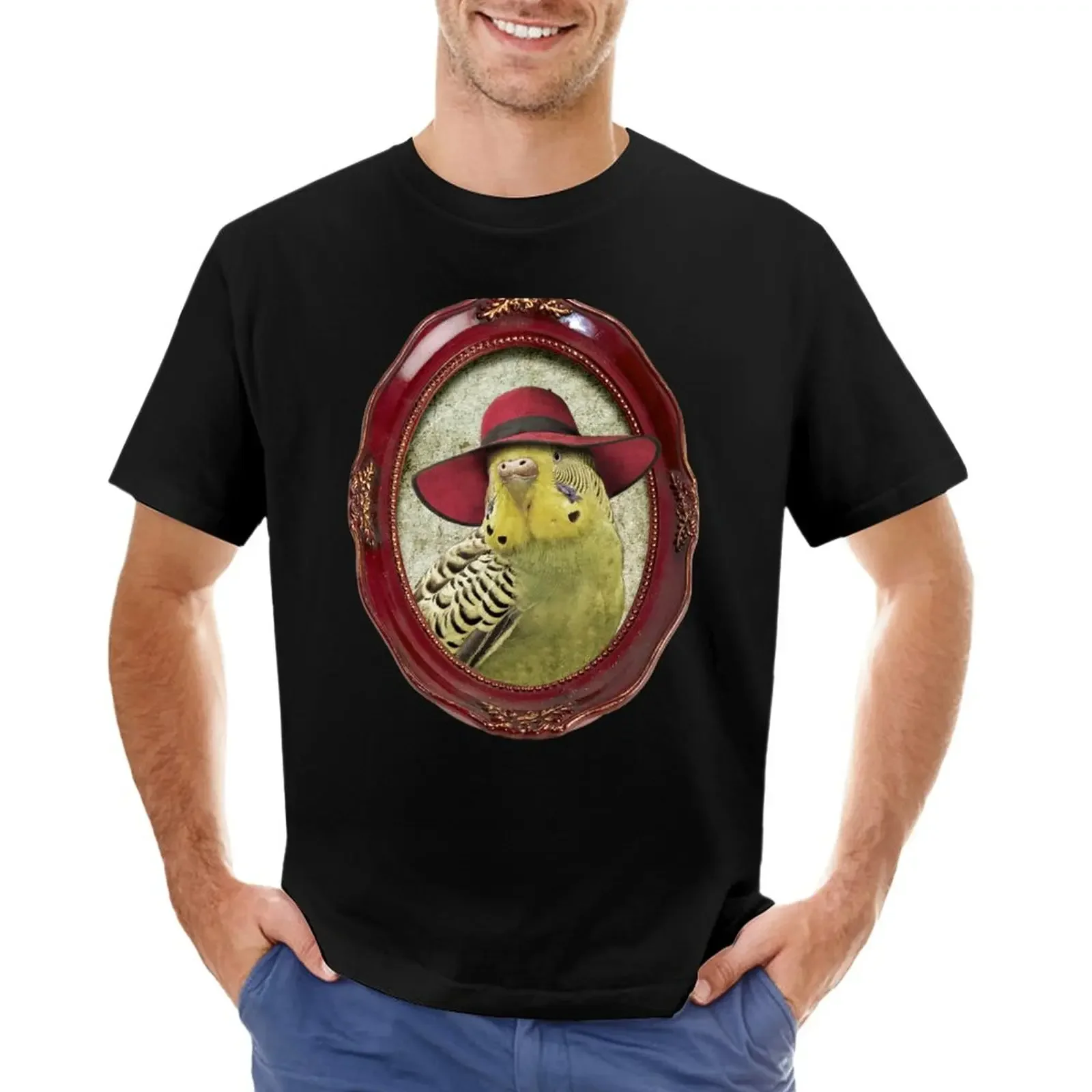 Green Budgie in Red Hat T-Shirt boys whites boys animal print Aesthetic clothing fitted t shirts for men