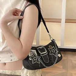 Underarm Bag Hot Girls Shoulder Bag Trendy Star Decor Buckle Decor Handbags Purse Motorcycle Y2K Crossbody Bag Stylish Punk