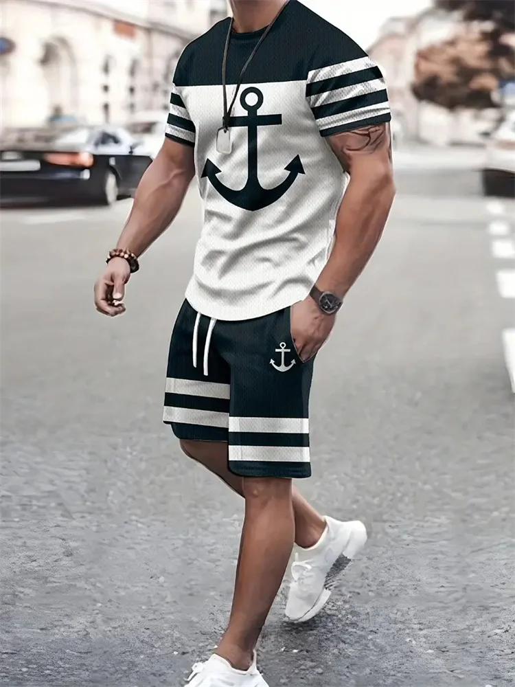 Summer Men\'s Sailor Short Sleeve Set Anchor Print Pattern Short Sleeve Shorts Set Men\'s Crew Neck T-Shirt and Drawstring Shorts