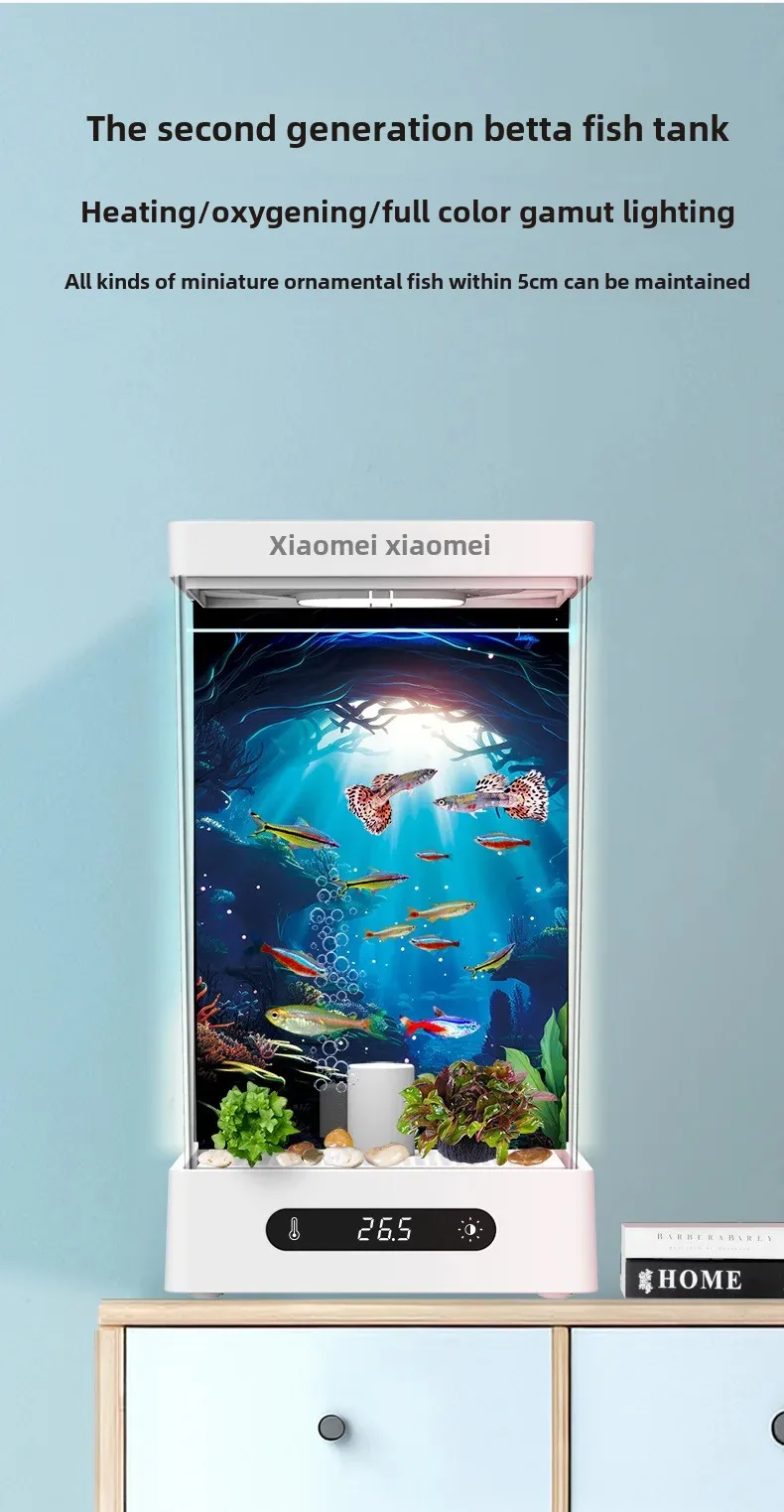 Smart Betta Fish Tank Mini Desktop Aquarium with Constant Heating Thermostatic Full Color LED Light Eco Night Lamp