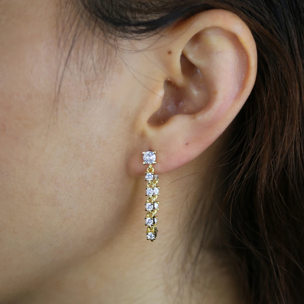 Gold Silver Color 5A Clear Cubic Zirconia Iced Out Bling Sparking CZ Link Chain Tassel Dangle Fashion Women Earring