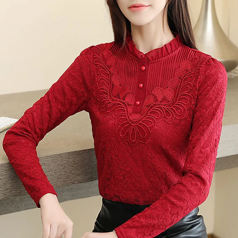 Womens Clothing Autumn Winter Korean Fashion Lace Ruffle Elegant T-shirts Office Lady Solid Long Sleeve Slim Pullover Basic Tops