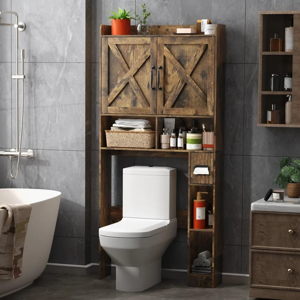 

Over The Toilet Storage Cabinet,Freestanding Wooden Bathroom Organizer with 2-Door Toilet Storage Rack,66 Inches Height,Rustic