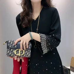 New Autumn and Winter Loose and Stylish Fashion Dress for Women Heavy Industry Beading Large Size Slim Mid-length Dress