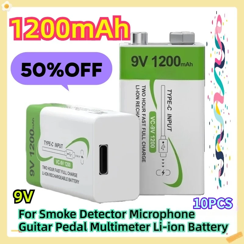 

9V 1200mAh 10pcs For Smoke Detector Microphone Guitar Pedal Multimeter Li-ion Battery