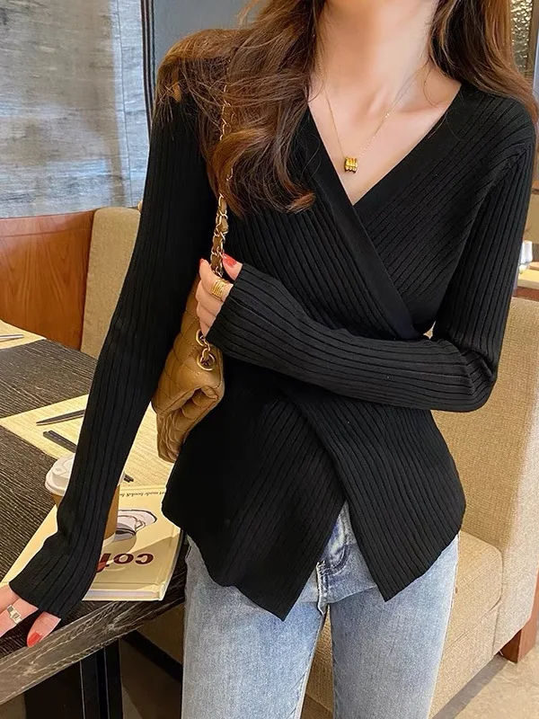 

Stunning Women's Knitted Long Sve Cross V-Ne Sweater Slimming Top for Autumn Winter Faionable Casual Inner Wear