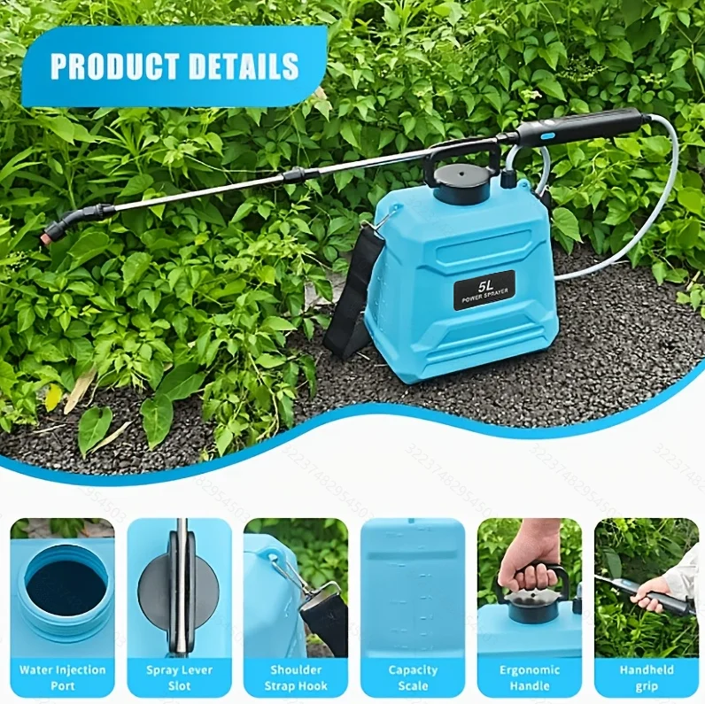 1.35 Gal/5L Battery Sprayer, 3 Spray Nozzles And Adjustable Shoulder Strap, Perfect For Garden, Lawn, Farm, Car Wash