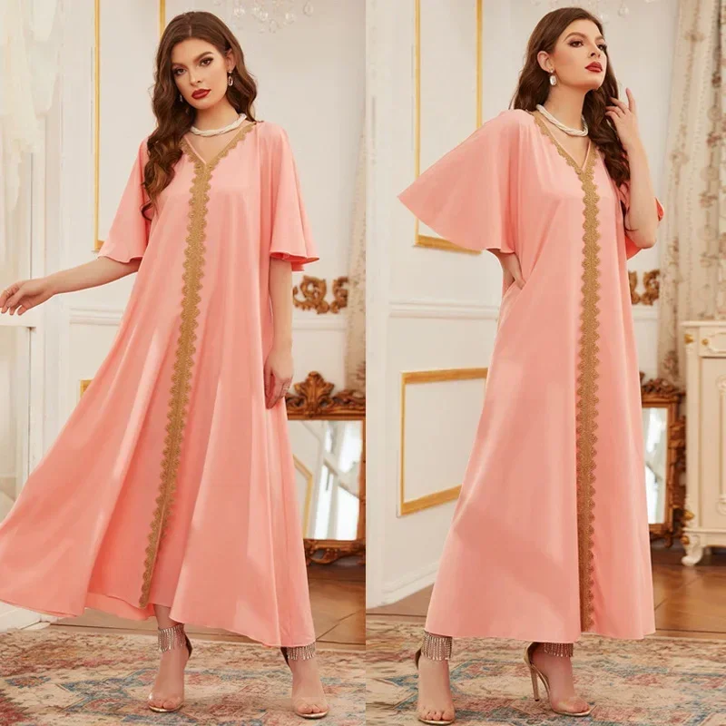 

Fashion Muslim Women Abayas 2025 Short Sleeve V-neck Long Maxi Dress Turkey Arab Kaftan Islamic Party Gown Dubai Jalabiya Caftan