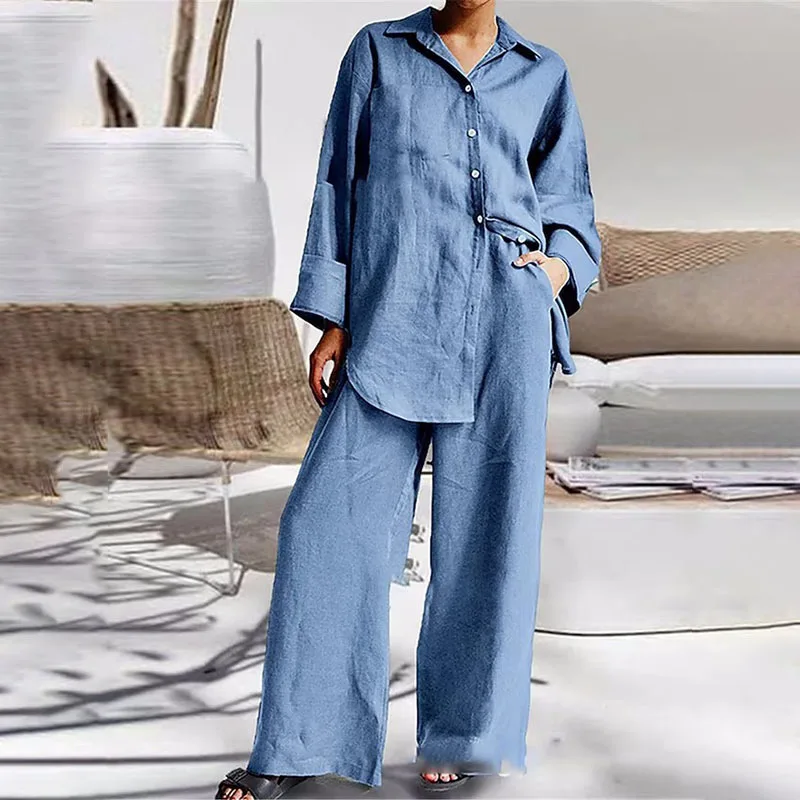 2024 New In Women Pants 2 Piece Sets Women Outfit Spring Autumn Lady Casual Linen Solid Color Loose Tops And Wide Legs Pant Suit