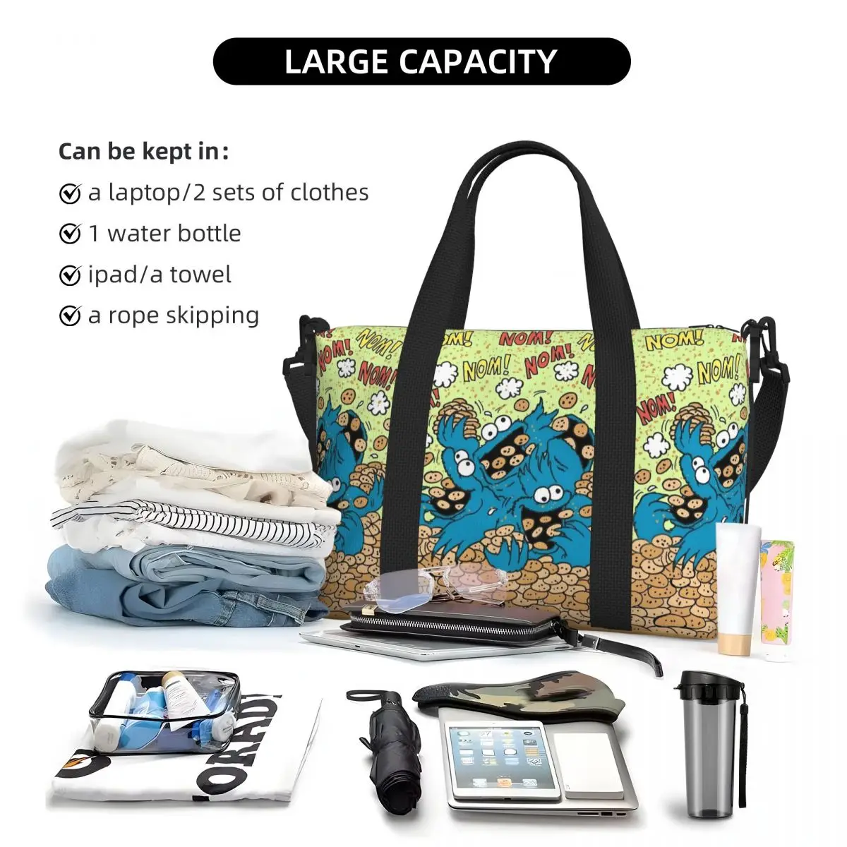 حقيبة كوكي مونستر مخصصة للنساء ذات سعة كبيرة حقائب سفر تعليمية للأطفال للتلفزيون على الشاطئ وصالة الألعاب الرياضية #5