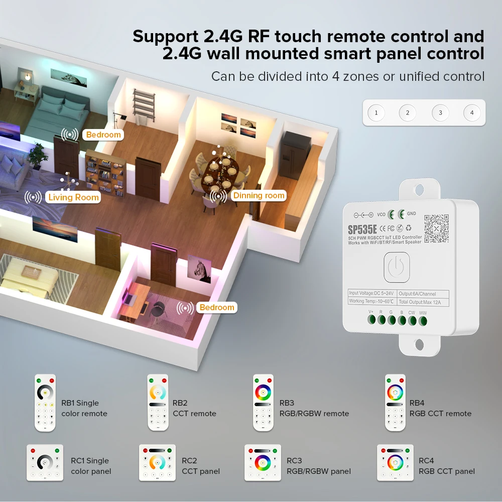 FCOB PWM kontroler LED SP531E-SP535E 5CH RGB RGBW RGBCCT listwa oświetleniowa Alexa Google Home Wifi Bluetooth sterowanie muzyką DC5V-24V