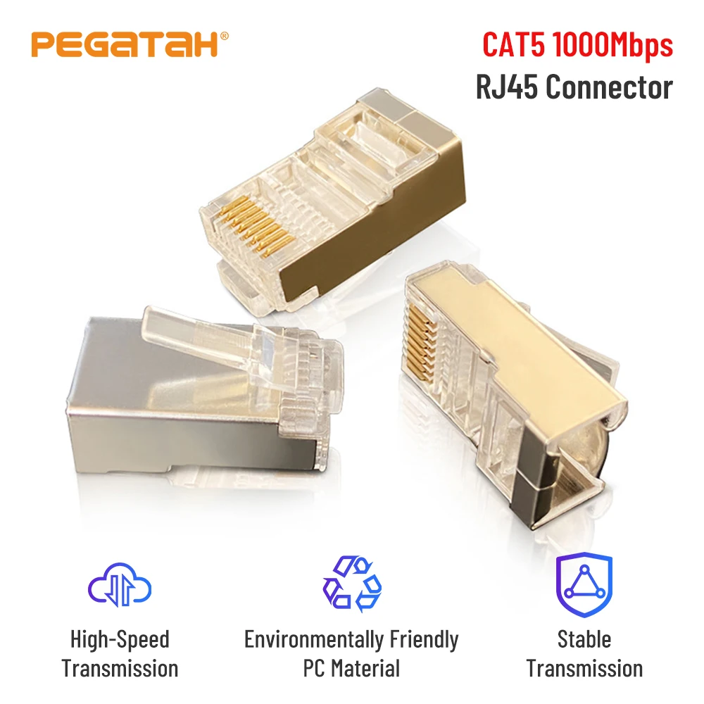 PEGATAH RJ45 connector Network 8P8C CAT5E 5 gold-plated shielded crystal head Network Modular Plug Cat5 Cat5e RJ45 crystal head