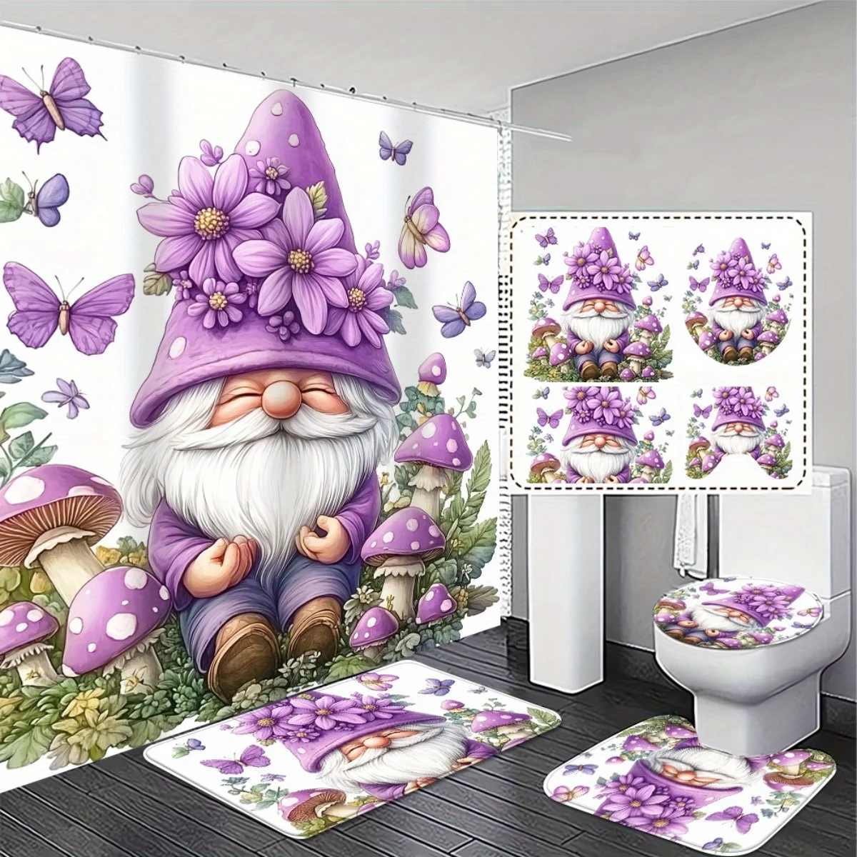 

4pcs. Cute Dwarf Elves Artistic Gnome Themed High Quality Shower Curtain and Non-Slip Bathroom Mat Set - 71x71 - Perfect for