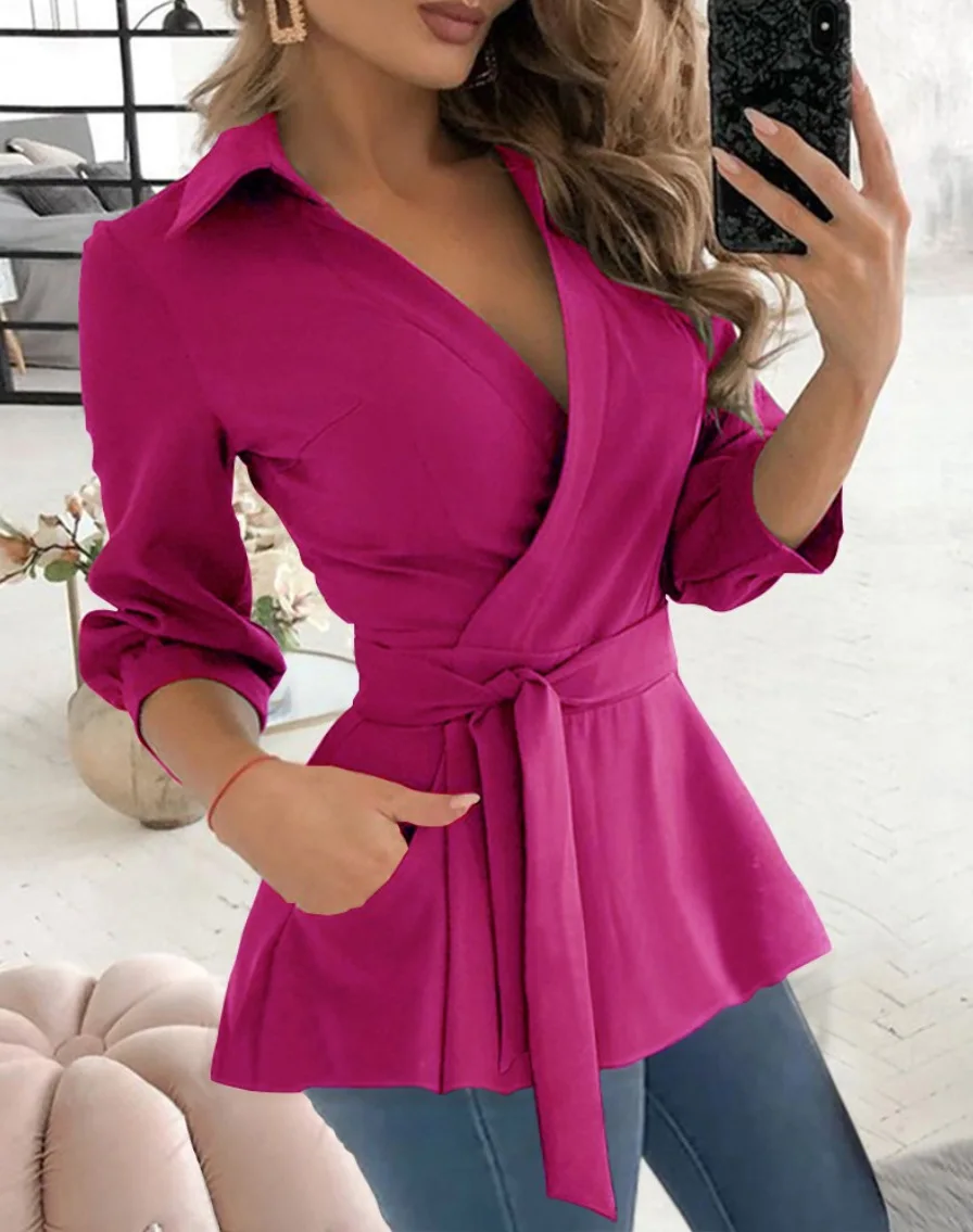 Spring Autumn Printed Work Shirt Tops Women Casual V Neck Long Sleeve Party Club Business Blouse Top with Belt