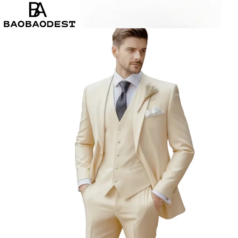 

Luxury Solid 3-Piece Men's Tuxedo Suits Slim Fit Peak Lapel Blazer Vest And Pants Set for Prom Wedding Business Men Clothes