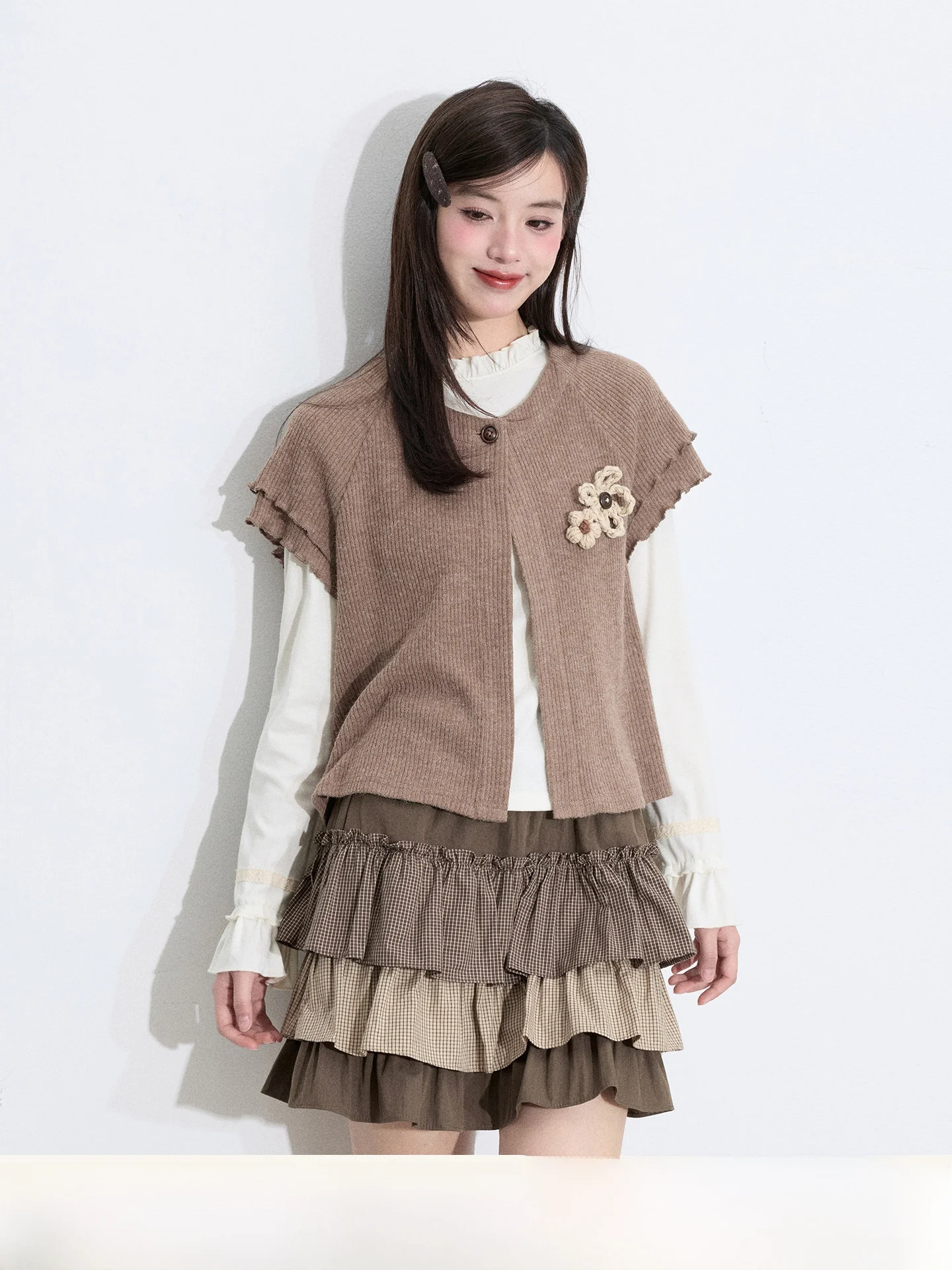 

Свободный вязаный кардиган с коротким рукавом для женщин, кофейного цвета, весенний, уютный, комфортный, повседневный трикотажный топ