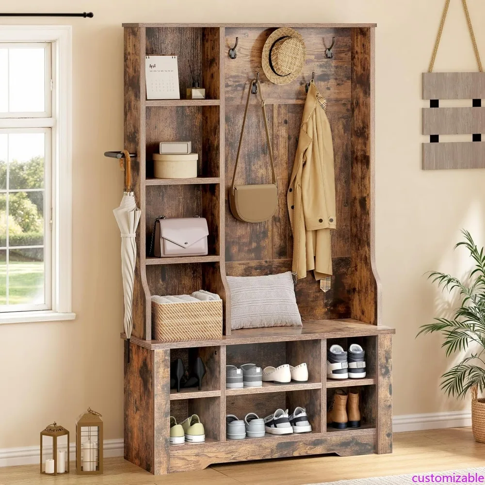 

Hall Tree Storage Bench with Shoe Rack and Coat Hooks for Entryway