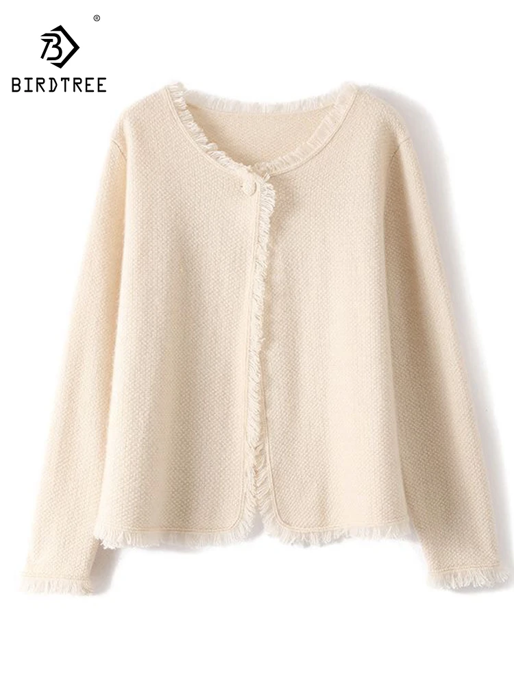 

Birdtree 100% Wool Autumn Winter Vintage Chinese Style Cardigan Small Round Neck Women's Loose Knitted Coat Top New T39220QC