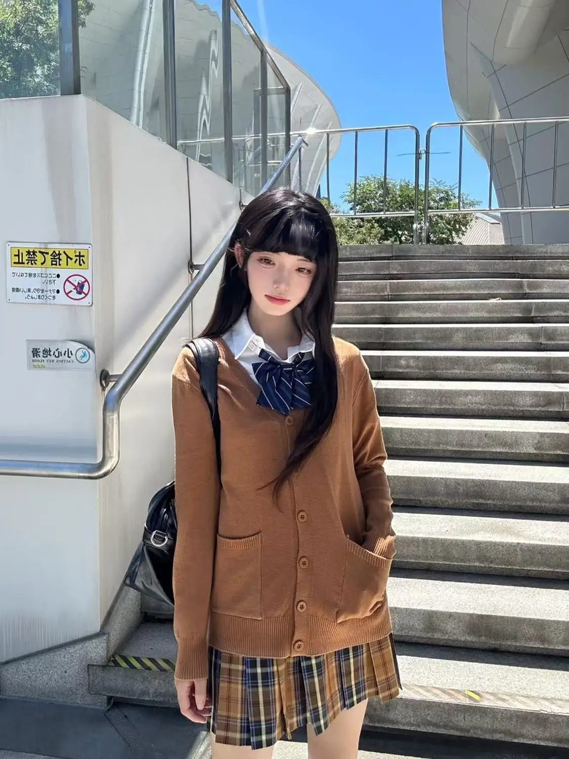 

JK Uniform Japanese Campus Long Sleeve Sailor Uniform Skirt Brown Sweater Long-sleeved Shirt Red Bow Set Daily Girl Sweet Kawaii