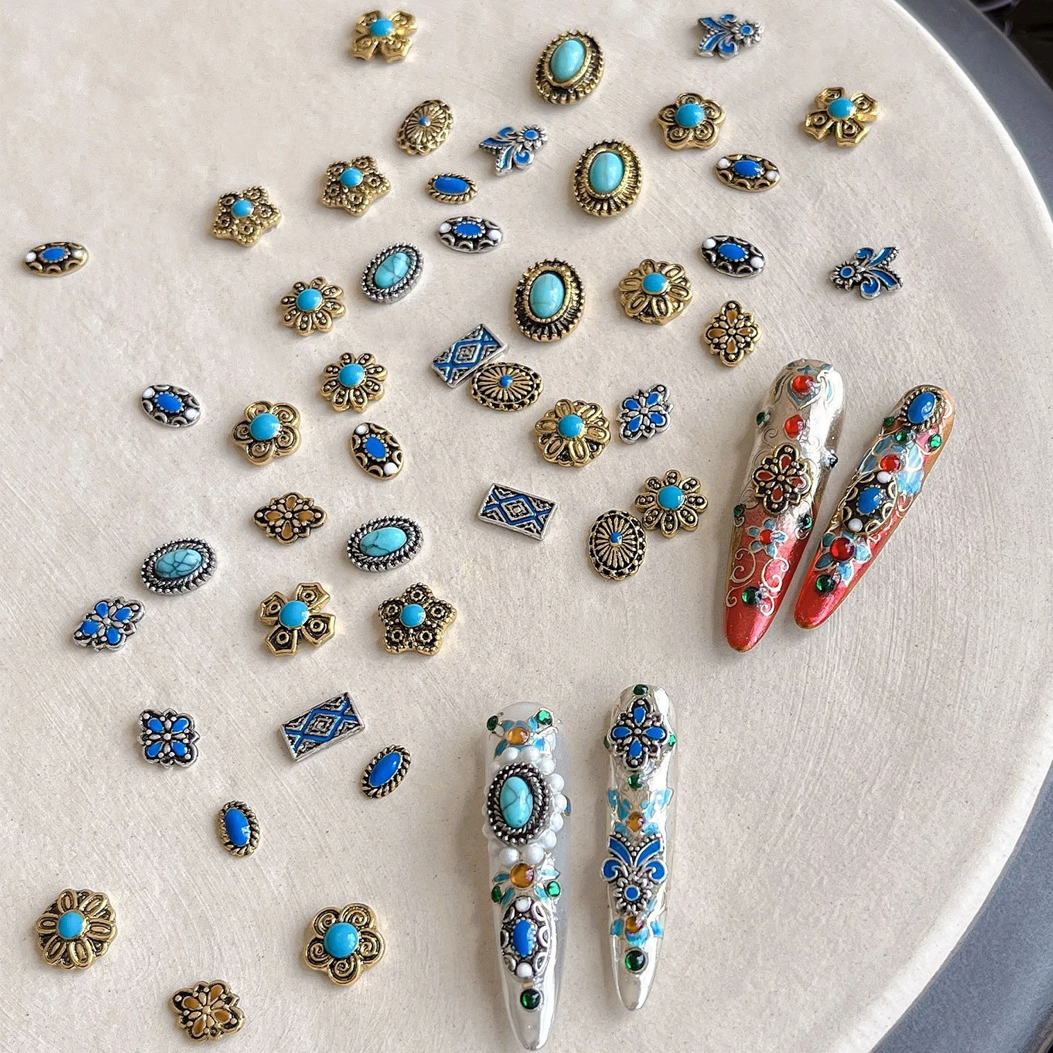 Retro corte chino Noble turquesa aleación Metal flor joyería antigua bohemia étnica accesorios de decoración de uñas decoraciones manicura