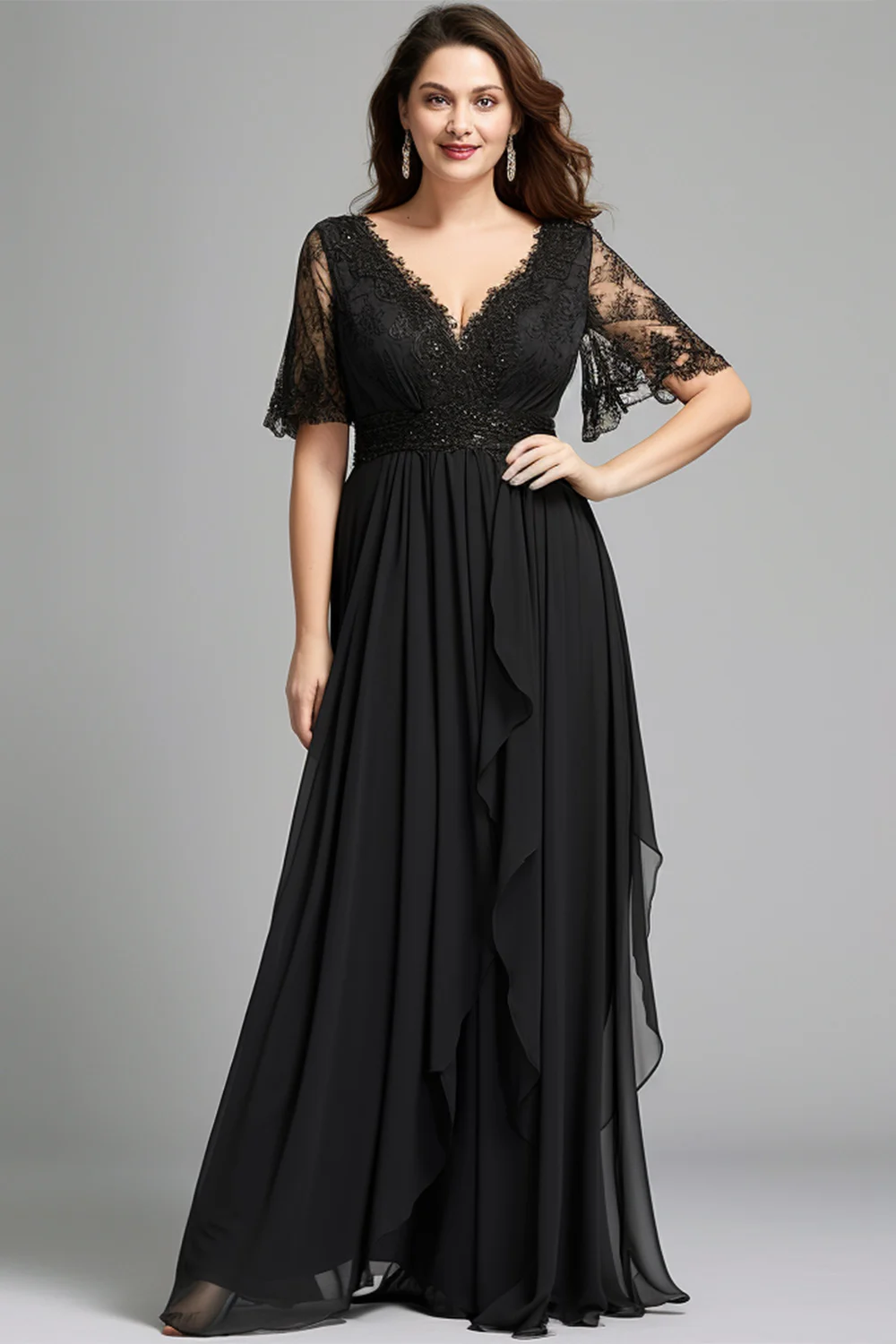 Flycurvy Plus Size Mother Of The Bride Black Chiffon V Neck Flutter Sleeve Lace Maxi Dress