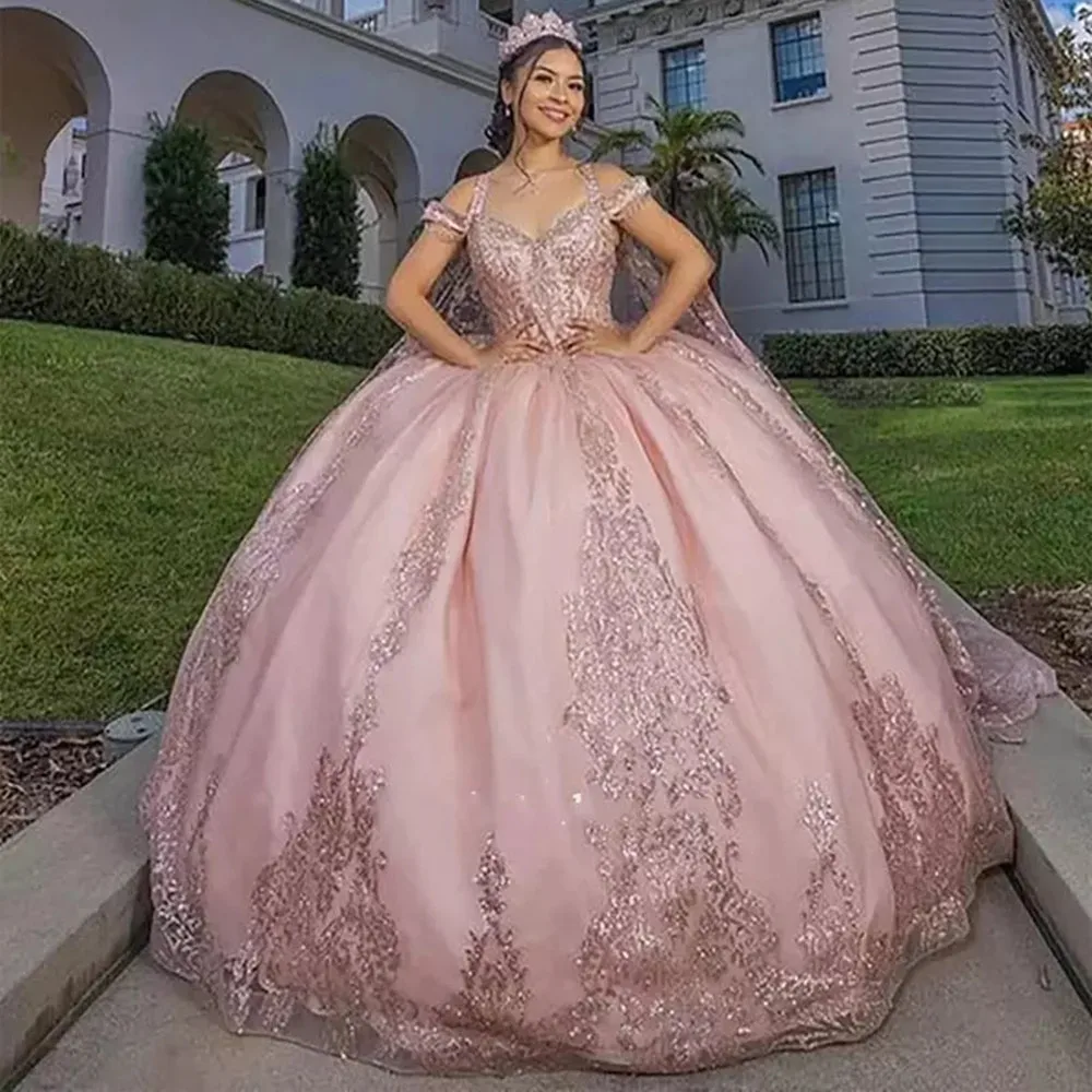 Vestido De quinceañera con apliques De cristal rosa, Vestido De baile con espalda abierta, capa desmontable, escote corazón, sin mangas, 15 y 16 años