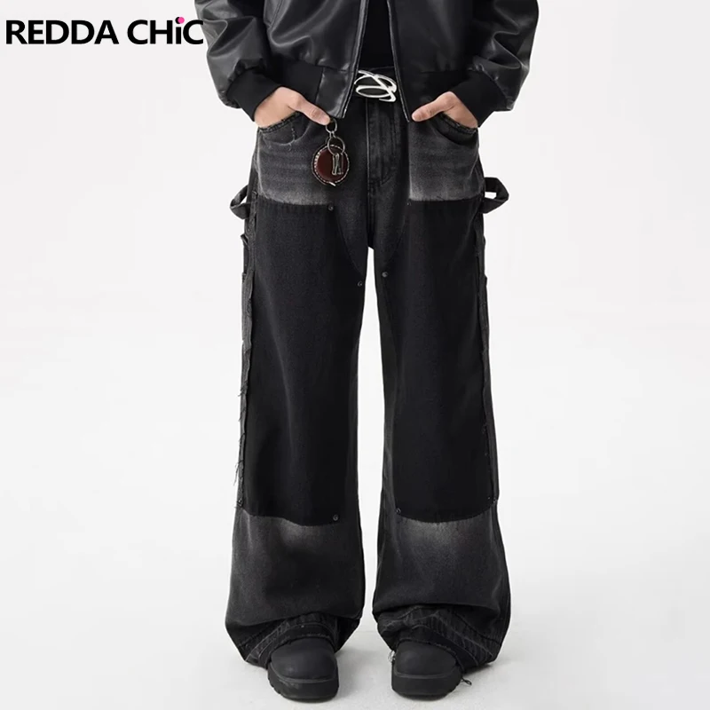 

REDDACHIC Retro Black Whiskers Baggy Jeans Men Studded Stitch Frayed Cleanfit Low Rise Wide Straight Trousers Hiphop Streetwear