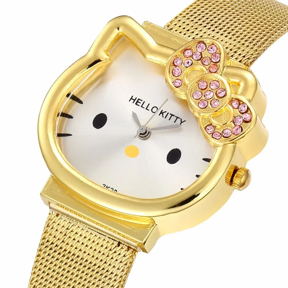 Jam tangan tali baja Sanrio terlaris jam tangan kuarsa kartun Hello Kitty kucing sederhana jam tangan wanita santai Kitty imut anak-anak