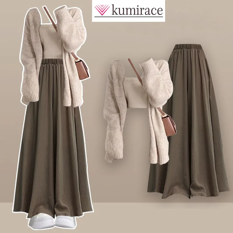 Autumn and Winter Set for Women 2024 New Gentle and Lazy Style Sweater Jacket with Camisole Inside and Casual Pants Skirt Three