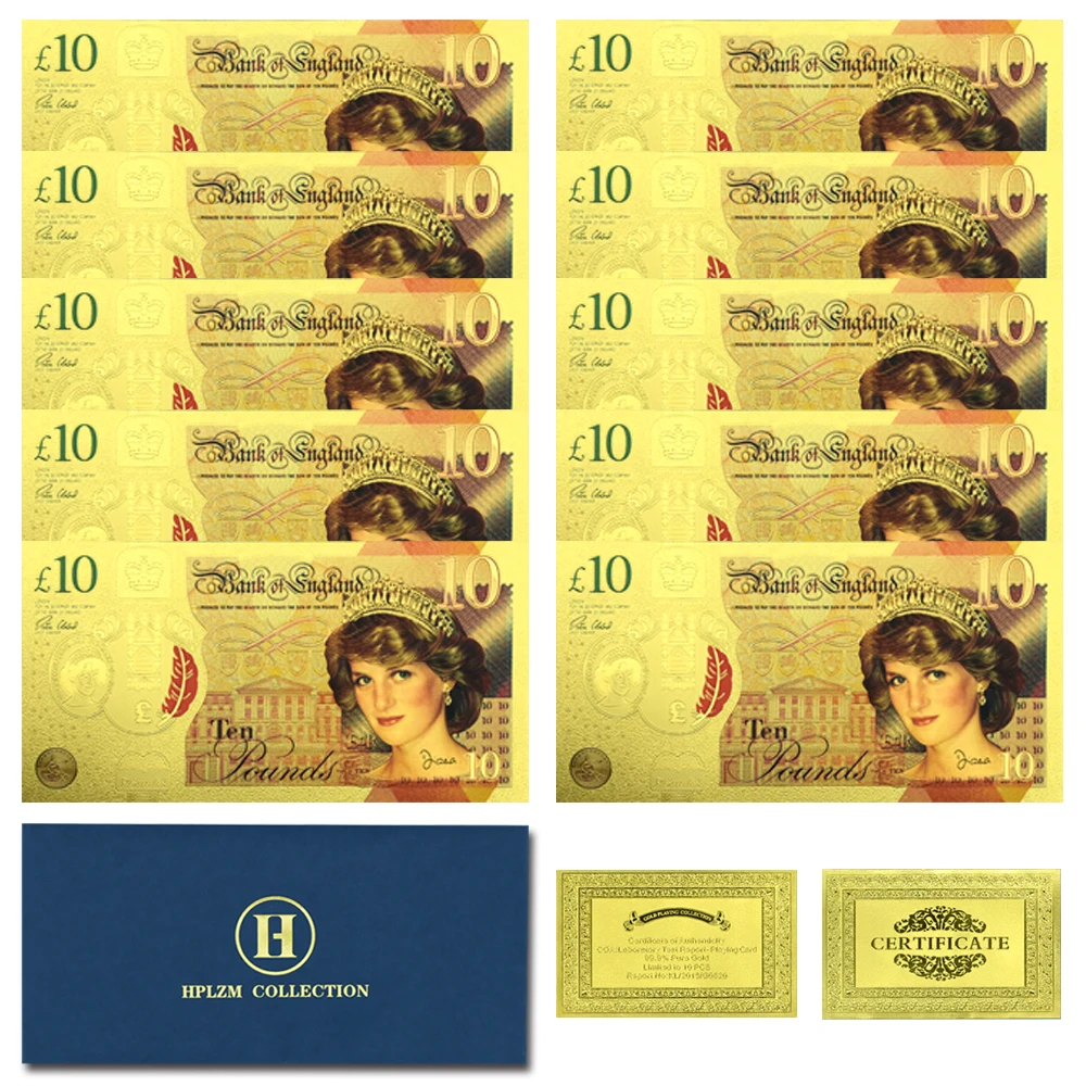 10 جنيه ديانا سبنسر الملونة مطلية بالذهب الأوراق النقدية 10 قطعة/الوحدة غير تداول الملكي الذهب الأوراق النقدية المشجعين جمع التذكارية