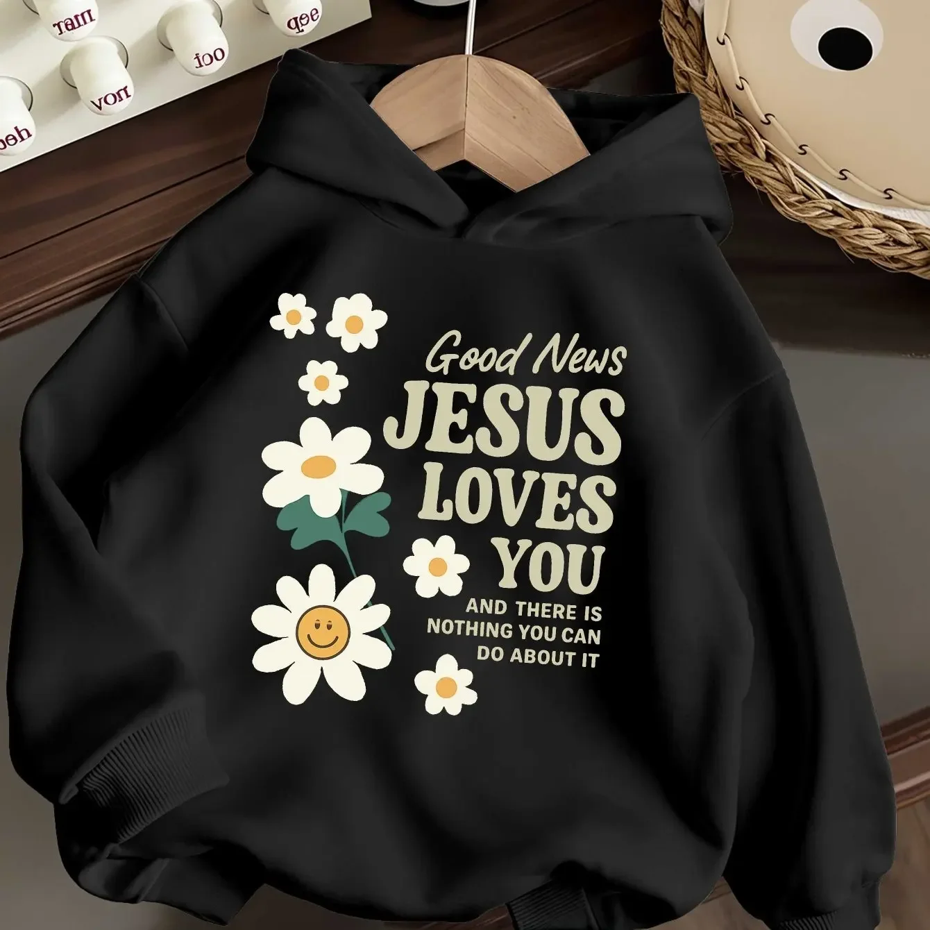 Kids Daisy Smiley Face Hoodie Cute Flower Graphic Print Vintage Pullover Sweatshirt Boys Girls Casual Streetwear Spring Autumn