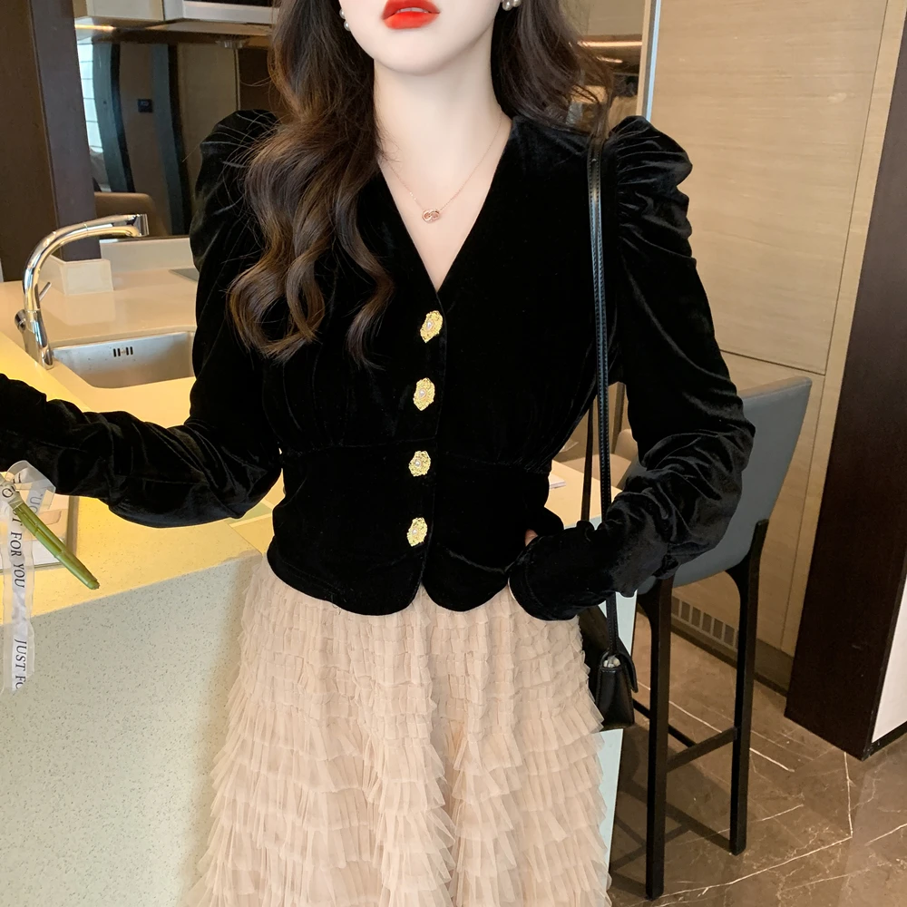 Fashion Elegant Suit Female Fall Chic Single-Breasted V Neck Velvet Top+High-Waist A Line Mesh Cake Skirt Two Piece Set Women