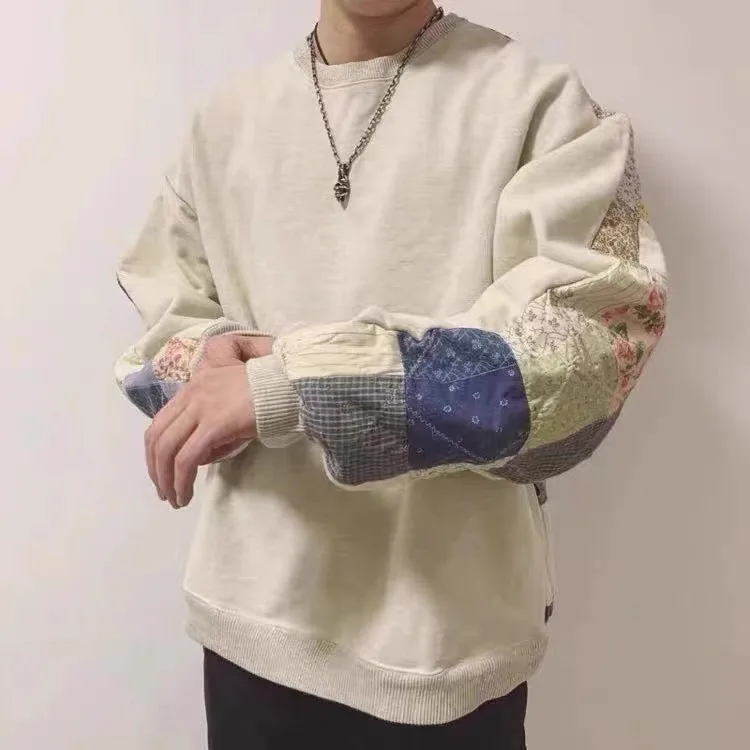 خمر عودة المرقعة الأزهار النسيج هيراتا الرجال والنساء كنزة قطيفة ريترو بأكمام طويلة تي شيرت غير رأس المال