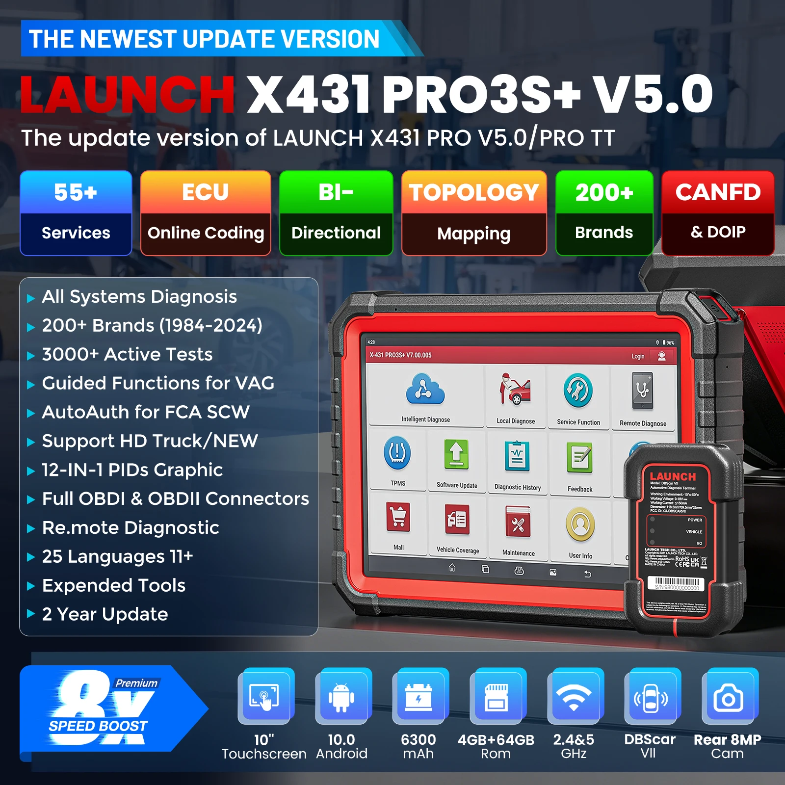 LAUNCH X431 PRO3S+ V5.0 Full Functions Diagnostic Tools Auto OBD2 Scanner CAN FD RESET IMMO Topology Mapping for 12V & 24V Truck