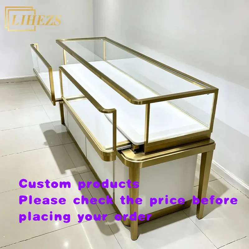custom.Deluxe Illuminated Top Glass Retail Shop Premium Jewellery Display Units Jewelry Display Desk with Drawers