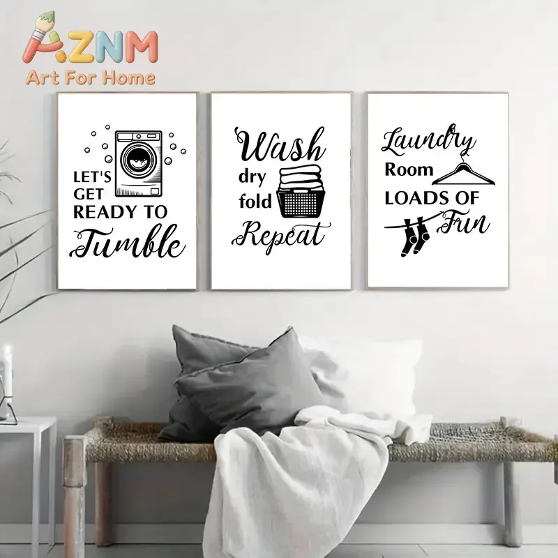 AZNM Black White Laundry Room Quote Canvas Wall Art Wash Dry Fold Repeat Typography Art Print Unframed Canvas Poster for Laundry