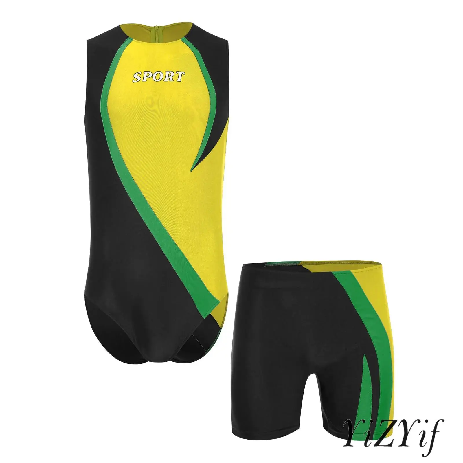 

Mens Professional Sports Wear Round Neck Sleeveless Back Invisible Zipper Athletic Bodysuit with Shorts for Gymnastics Workout