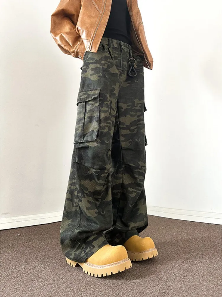

Camouflage Work Pants Men's Loose Fit Straight Leg Long Trousers Autumn 2024 New Style American Retro Vibe Logging Trousers