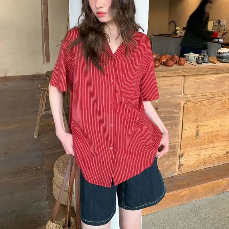 服韓国ストライプブラウスカジュアルターンダウン襟夏新ルーズベーシック半袖スタイリッシュなポケットスプライシングシャツ