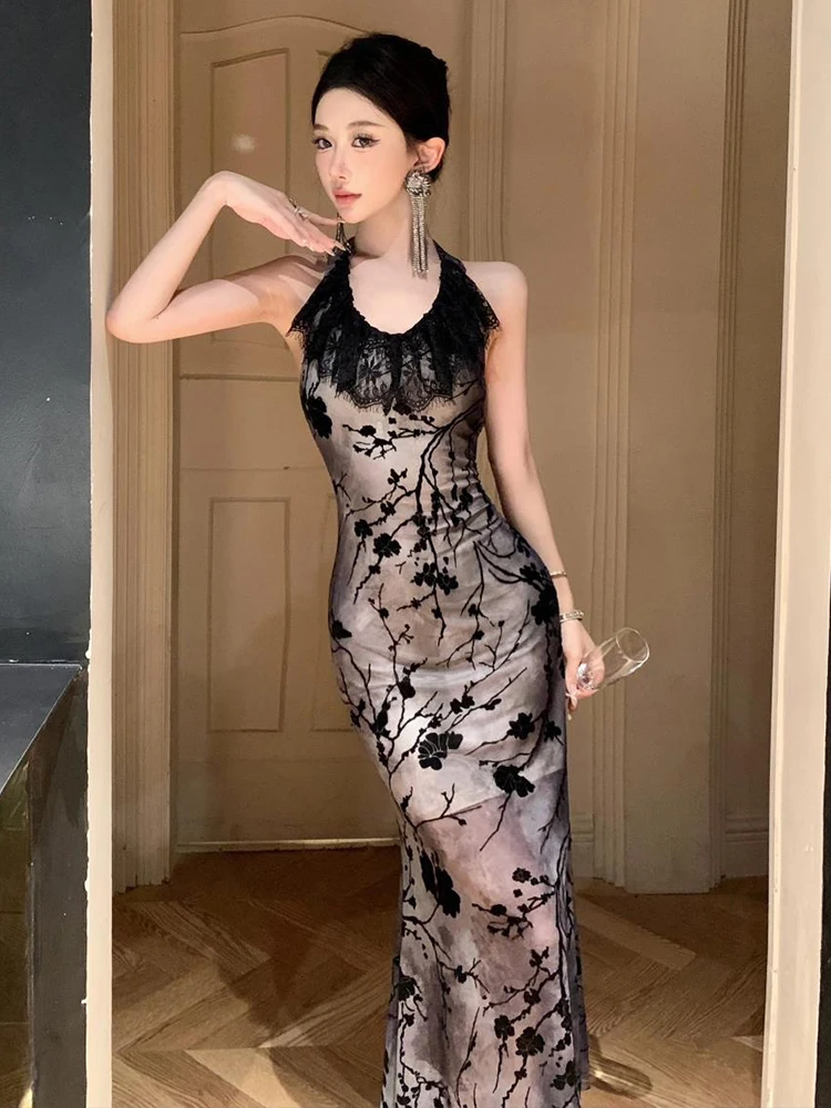 Retro Elegantชุดราตรียาวเสื้อผ้าผู้หญิงหวานHoliday Sheerลูกไม้สีดําRuffles Halter Backless Robe Party Prom Vestidos
