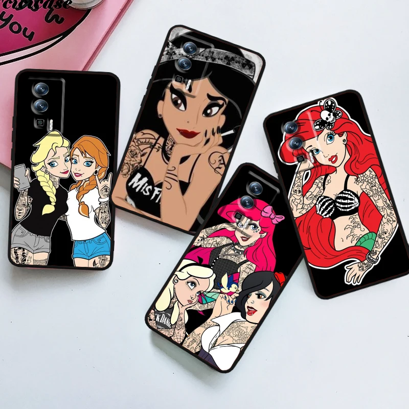 Tattoo Cartoon Princess For Xiaomi Redmi 9A 9C 9AT 10C 9 9T 10 12C 13C 8 12 K60 A1 K50 K40 5G Black Soft Phone Case