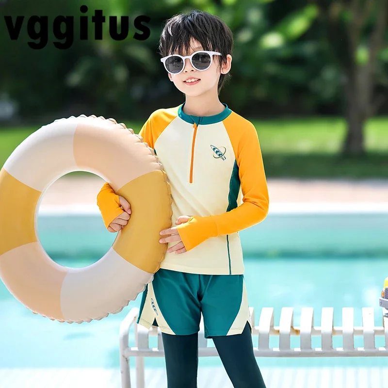 Kids Boys 3Pcs Swimsuit Rash Guard Set Long Sleeve Zipper Top Pants Shorts Swimwear Bathing Suit Beachwear Surfing Suit A1166