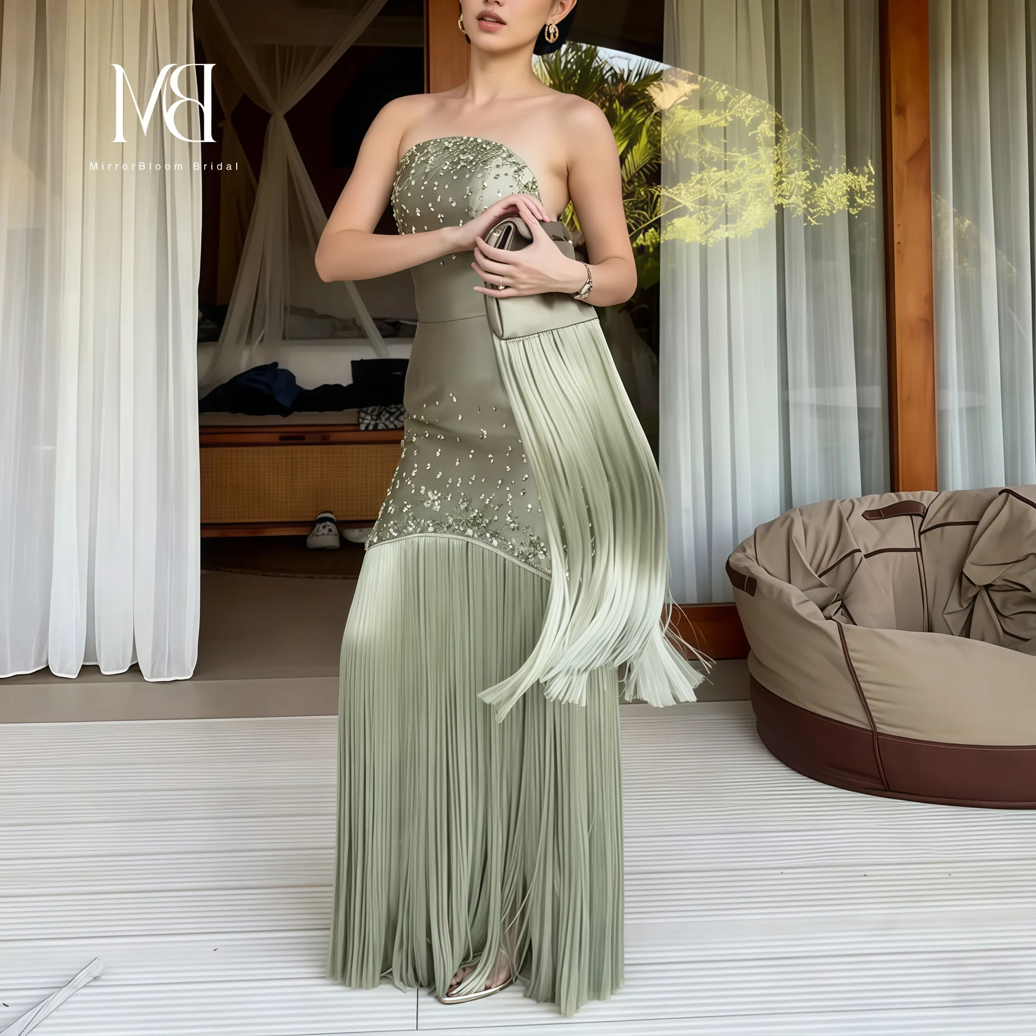 Green Satin Strapless Mermaid-Style Floor-Length Formal Ball Gown with Tassels And Beading Women's Evening Dress image 3