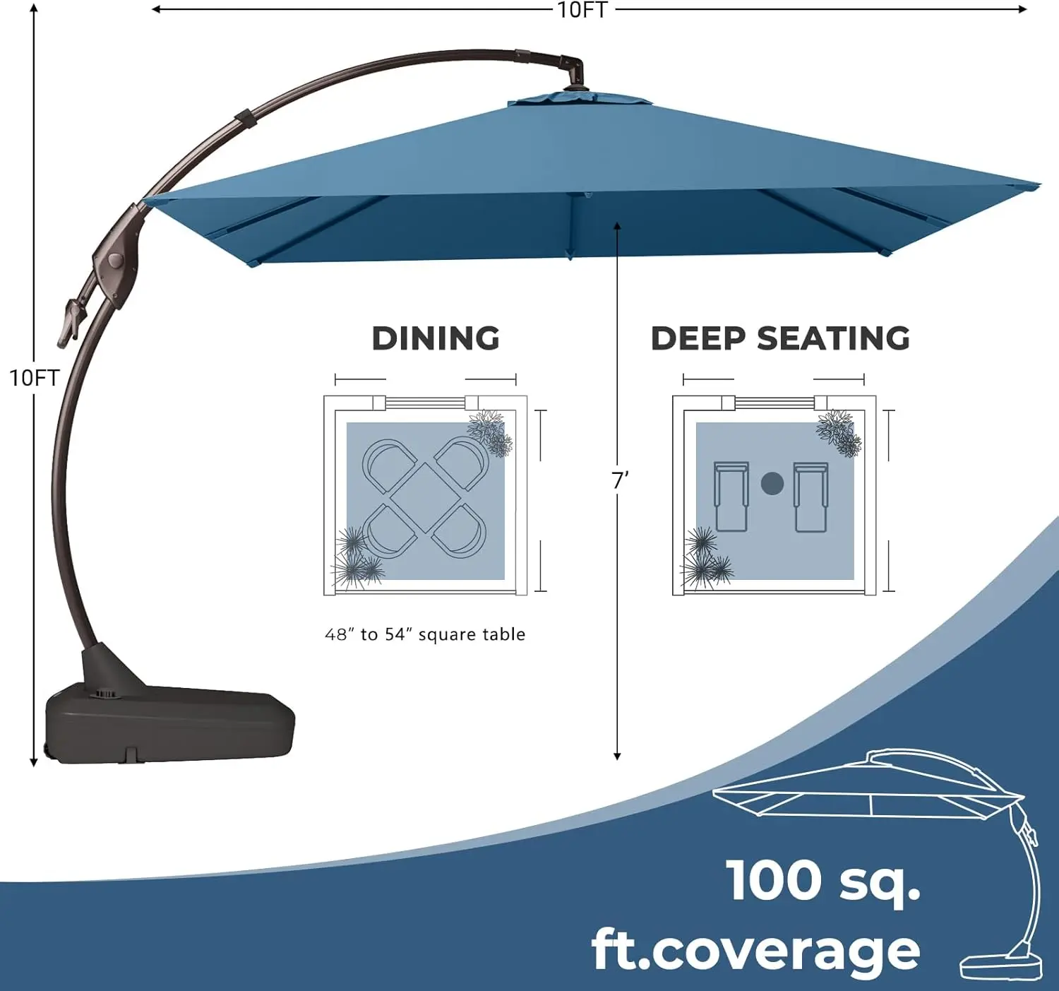 10X10 FT Sunbrella Offset Umbrella with Base Outdoor Square Aluminum Cantilever Umbrella with Easy Tilt Adjustment