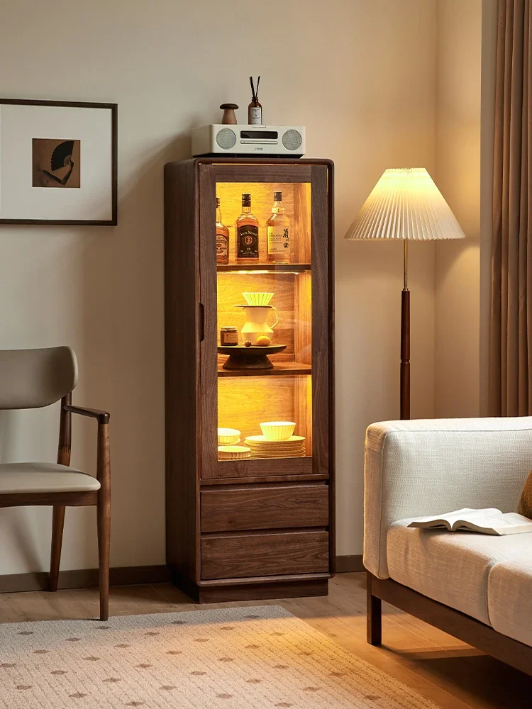 

Black Walnut Wine Cabinet Nordic Simple Solid Wood Vertical Cabinet Home Living Room Glass Display Locker
