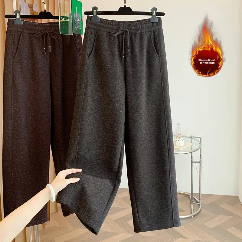 Zimowe wełniane spodnie z szerokimi nogawkami, damskie luźne spodnie o prostym kroju, modne spodnie uniwersalne, długie spodnie.
