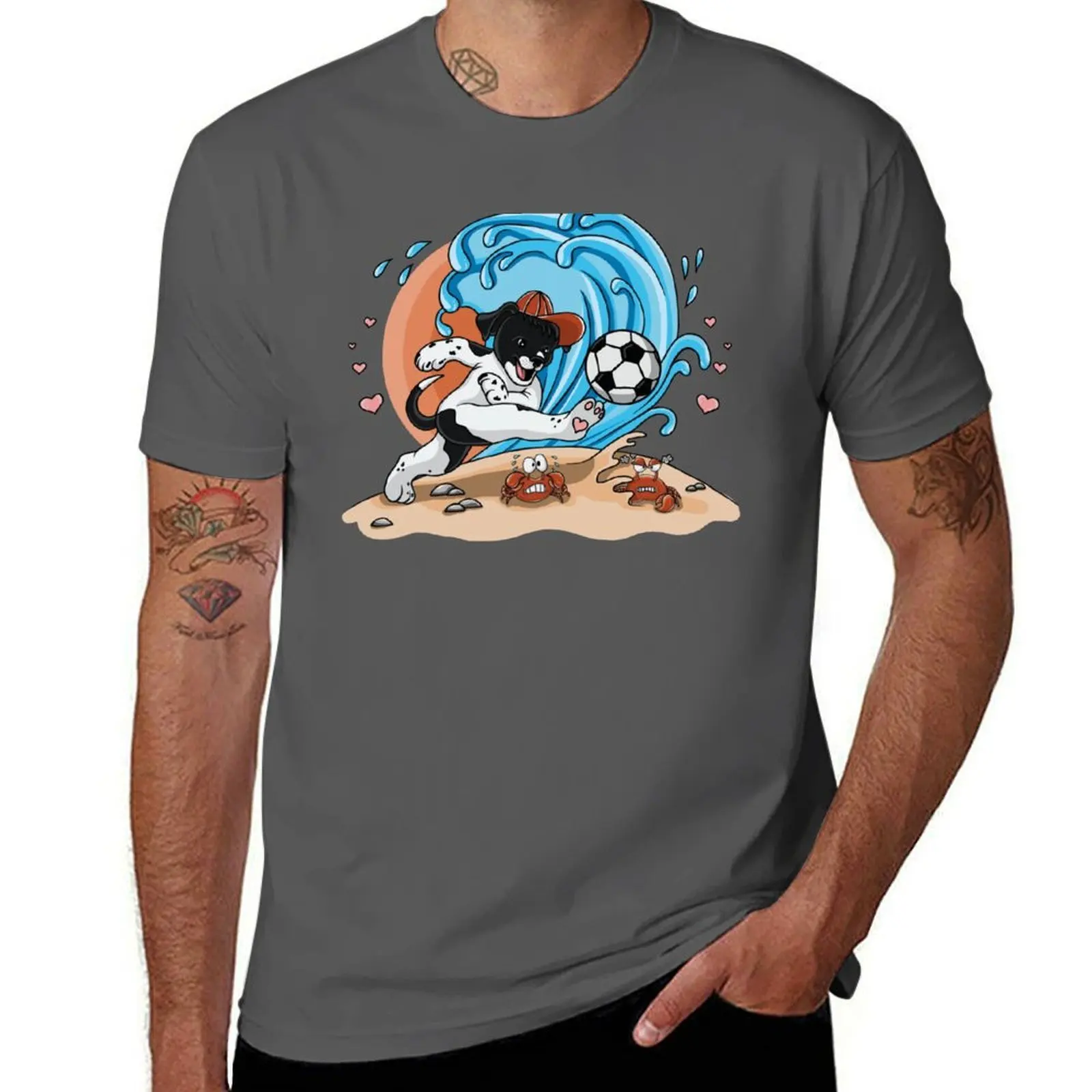 Dogs on summer vacation, beach and football T-Shirt Simple Print Design T-Shirt