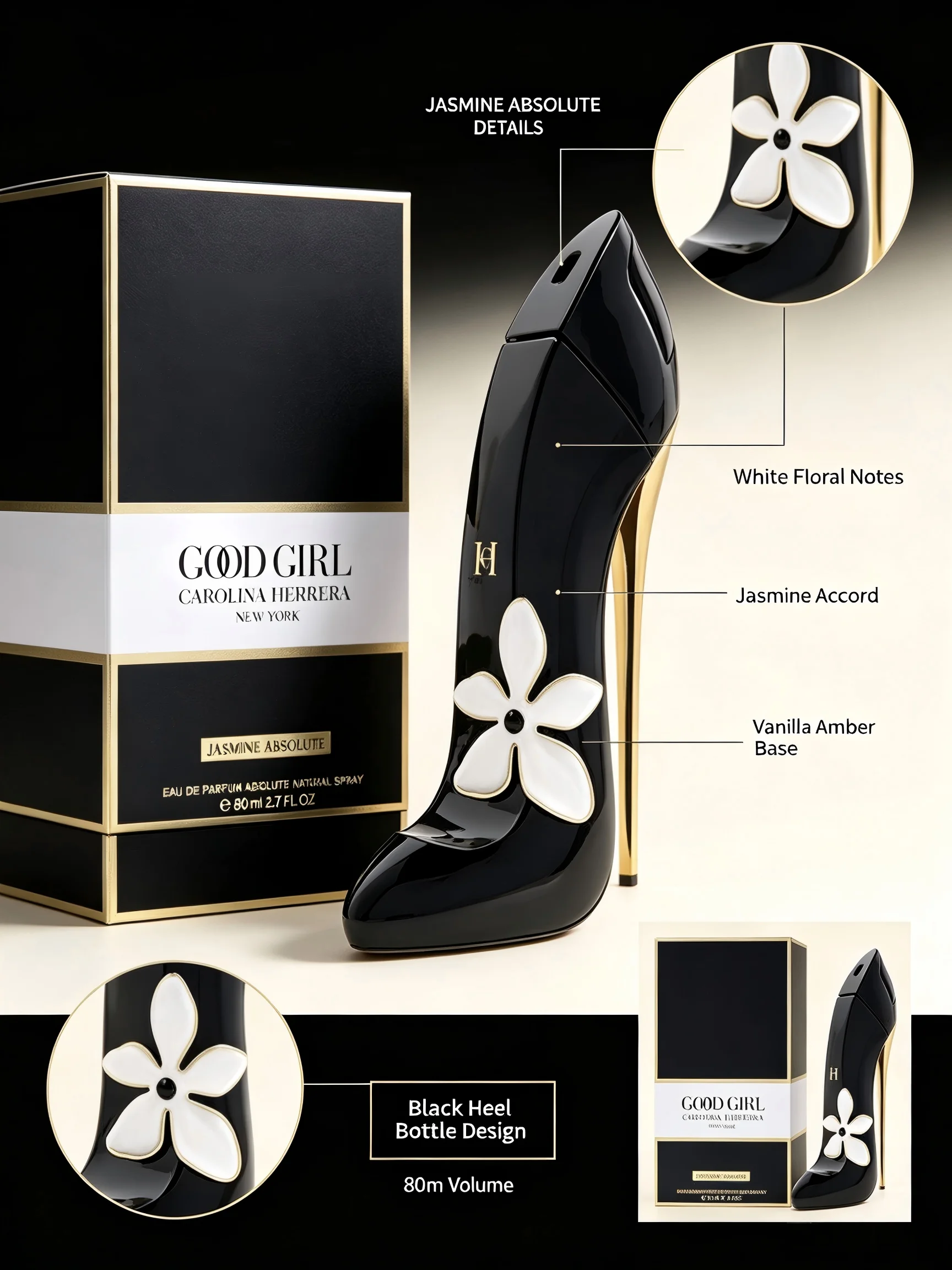 Carolina Herrera Good Girl Jasmine Absolute EDP for Women, 2.7 fl oz/80ml, 1 Bottle, Jasmine White Floral Vanilla Amber Long Lasting Perfume, Birthday Gift for Her, Fall, Halloween, Thanksgiving, Black Friday, Christmas, New Year Gift view 6